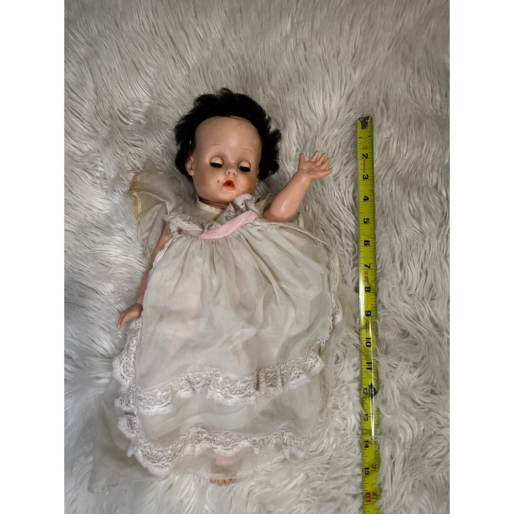 Vintage Horsman Baby Doll 14.5 Inch Hard Plastic Sleep Eyes White Lace Gown